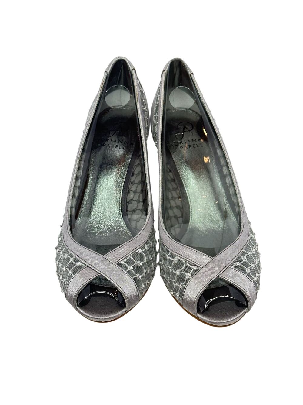 Adrianna Papell Womens New in Box Silver Mesh Peep Toe Kitten Heel Slip on Pumps